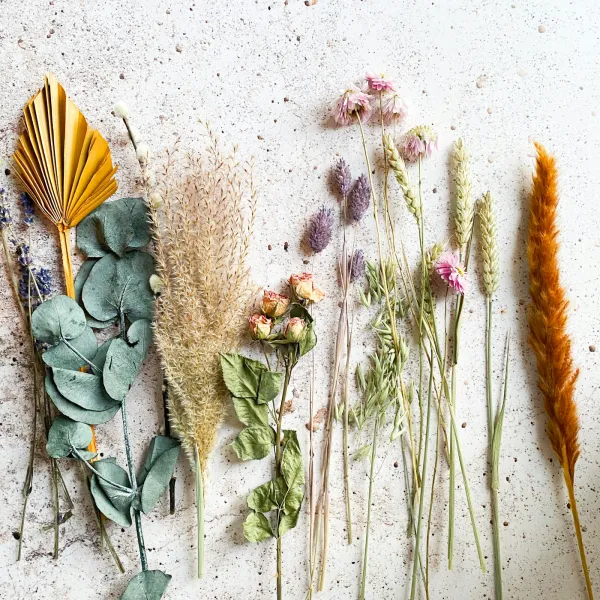 Fleurs séchées — Bouquets durables aux textures naturelles et aux tonalités chaleureuses.