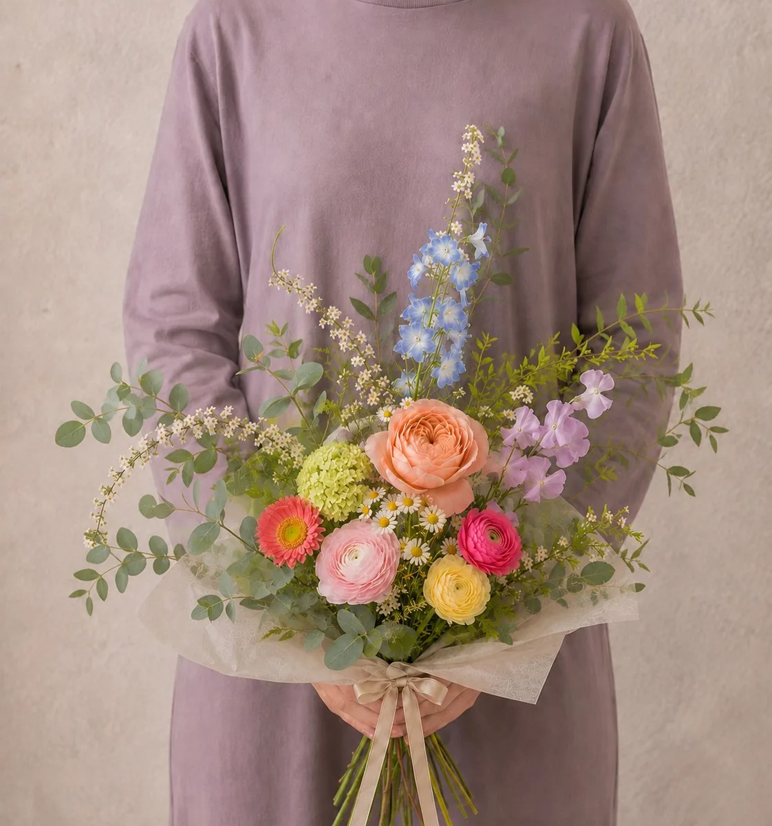 Néroli — Pastel, fuchsia et feuillages frais, la fraîcheur du printemps.