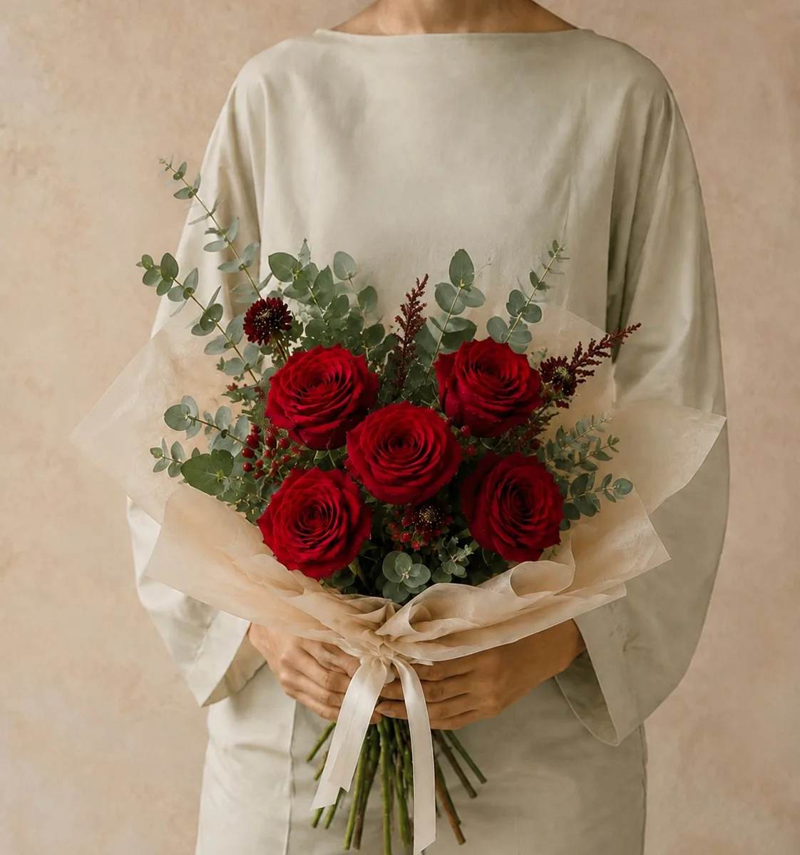 Vénus — Roses rouges et eucalyptus, le bouquet des amoureux.